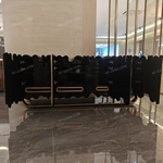 Oval Black High-Gloss Sideboard with Raised Gold Tubular Pattern and Arch Details